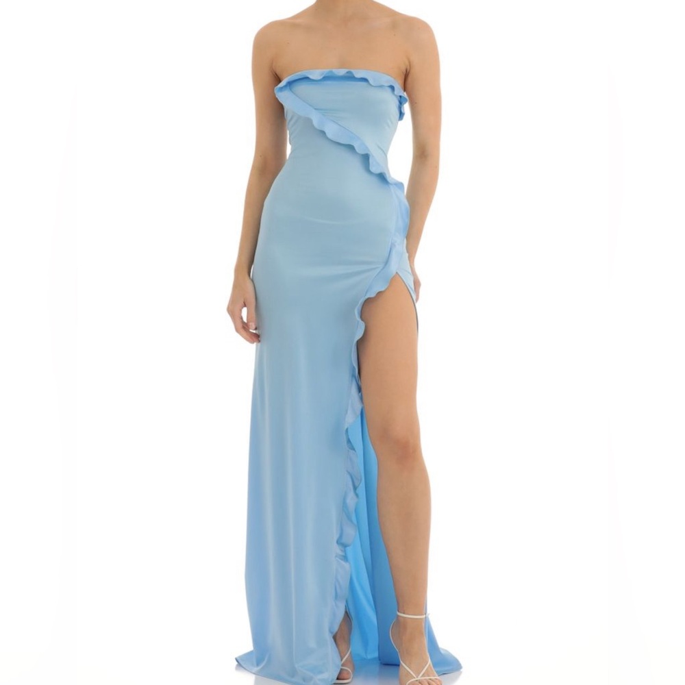 Lucy in the Sky Strapless Satin Maxi Dress in Blue XS